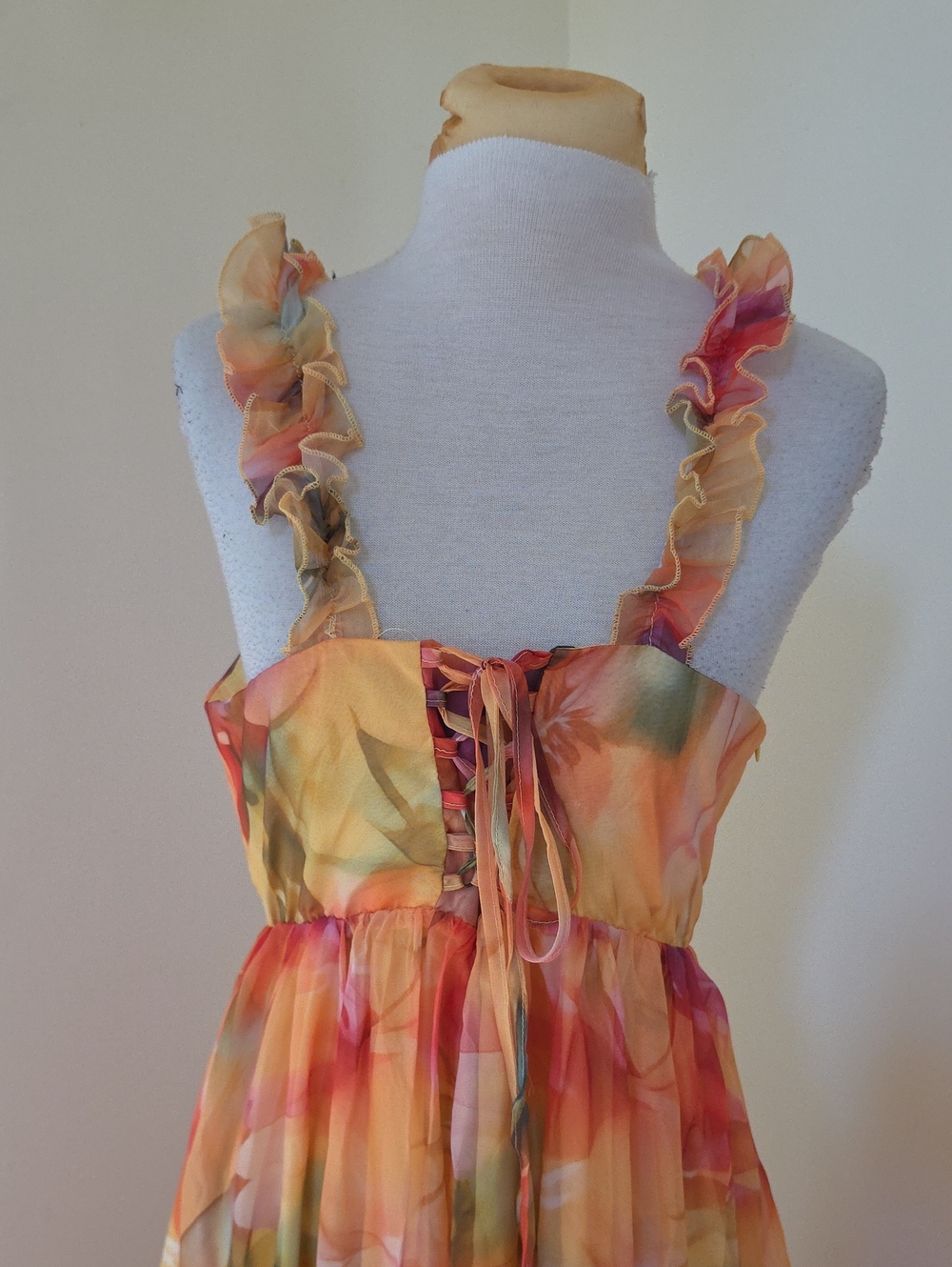 New! Loragal large watercolor chiffon front lace up maxi dress . - Picture 2 of 11